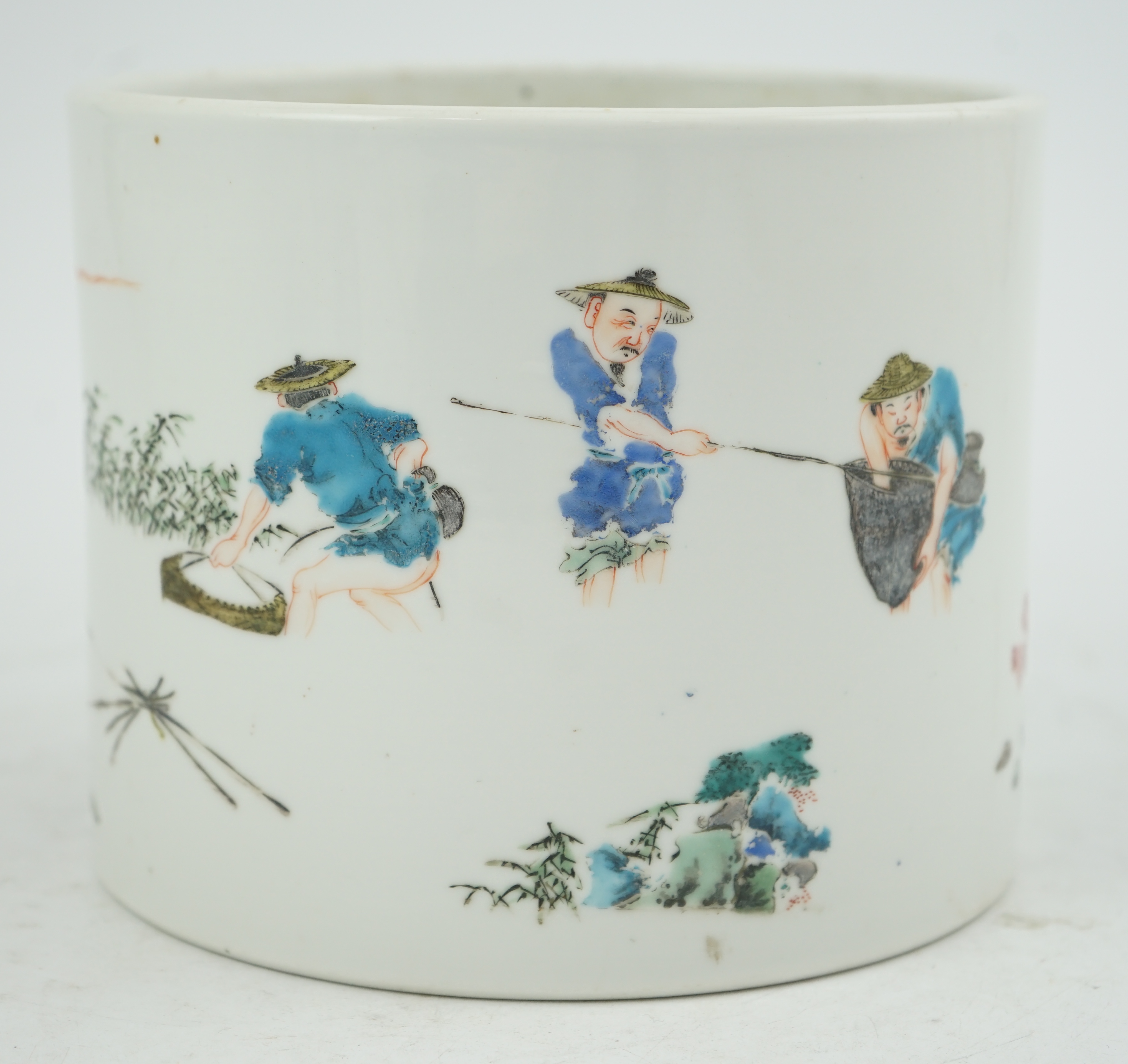 An unusual Chinese famille rose ‘fishermen’ brushpot, bitong, Yongzheng period (1723-35)